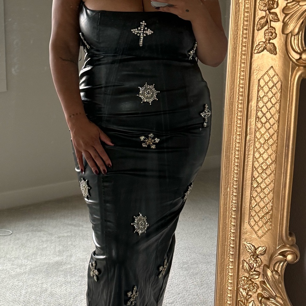 Black Leather Strapless Gem Dress